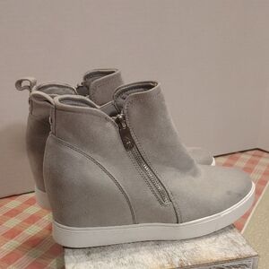 Anne Klein Gray Suede Wedge Sneakers